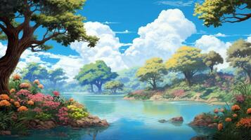 A tranquil river meanders through a lush, green forest on a bright, sunny day. The sky is a vivid blue with fluffy white clouds. photo