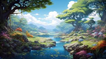 A tranquil stream meanders through a lush, green forest, its crystal-clear waters reflecting the vibrant blue sky and fluffy white clouds. The path is lined with vibrant wildflowers and towering trees. photo