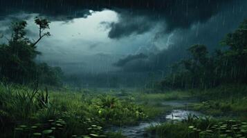 A tranquil stream in a lush forest under a stormy sky with rain falling down. photo
