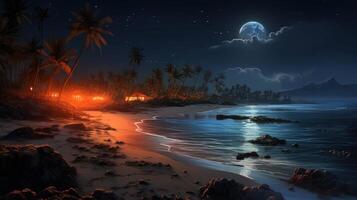 A tropical beach at night with palm trees, a full moon, and a small cabin lit up by lanterns. photo