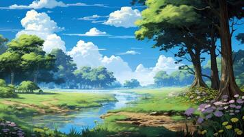A tranquil stream winds through a lush green meadow under a bright blue sky, framed by towering trees with vibrant flowers blooming along its banks. photo