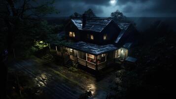 A two-story wooden house with a porch sits on a hill in the middle of a forest during a rainy night. photo