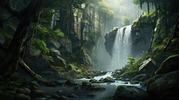 A tranquil waterfall cascades through a lush, mossy, and green forest, creating a serene atmosphere. photo
