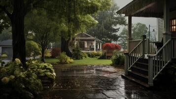 A view from a porch with a stone walkway leading to a house in the distance. Rain is falling and the yard is lush and green. photo