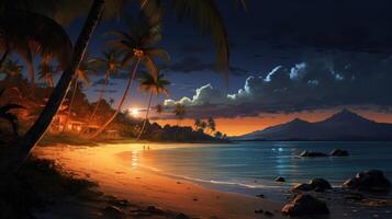 A tropical beach scene with palm trees, a hut on the shore, and a sunset over the mountains in the distance. photo