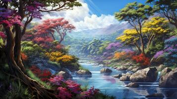 A vibrant and colorful forest scene with a cascading river, trees, and flowers. photo