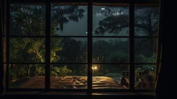 A view from a window at night of a bed in the dark with rain drops on the window pane and lights outside. photo