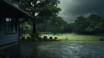 A view from a house porch during a heavy rainstorm with lush green trees. photo