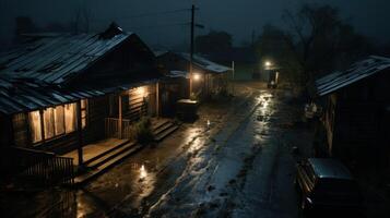 A view of a wet road and small wooden houses in a foggy, dimly lit alley at night. photo