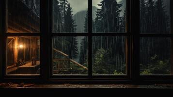 A view of a rainy forest from a window in a cabin with a dim light illuminating the interior. photo
