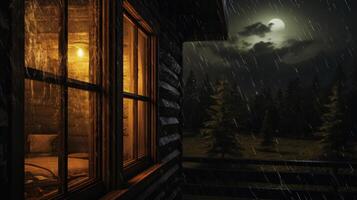 A warm glow emanates from a window in a wooden cabin as rain falls on a moonlit night. photo