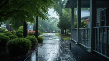 A view of a porch during a heavy downpour, with a sidewalk leading to a street. photo