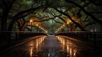A wet cobblestone path lined with streetlights leads under a canopy of trees. photo