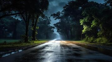 A wet asphalt road stretches through a dense forest under a cloudy sky, with faint headlights in the distance. photo