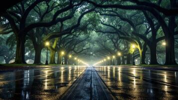 A wet asphalt road lined with trees with rain falling through the canopy at dusk. photo