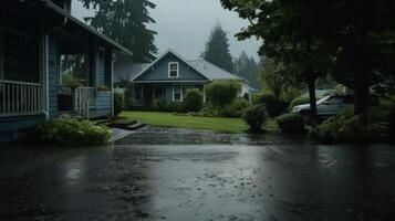 A wet driveway leading to two houses in the rain. photo