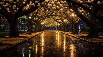 A wet path illuminated by street lights through a tunnel of trees at night. photo