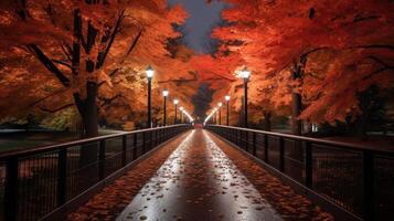 A wet pathway lined with autumn leaves and streetlights, under a canopy of red foliage. photo