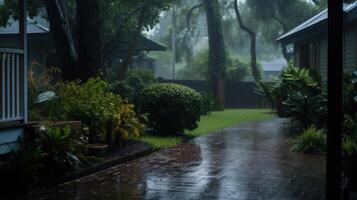 A wet patio with a house in the background, surrounded by lush greenery and rain falling. photo