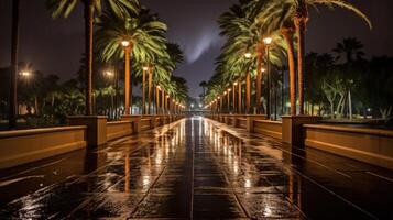 A wet pathway lined with palm trees and lit by streetlights at night. photo