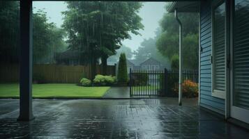 A wet patio with a view of a rainy backyard. photo