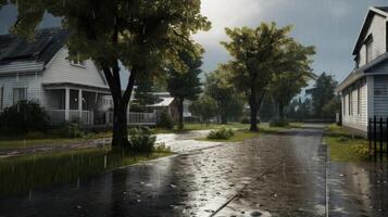 A wet residential street with houses on each side during a rainy day. photo