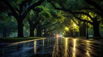 A wet road at night with reflections of street lights and trees. photo