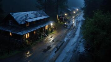 A wet road in a small town at night.  There are a few wooden houses on the side of the road, all with lights on. The road is wet from rain and there are some trees lining the road. photo