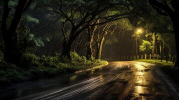 A wet road winds through a dark forest with a single streetlight illuminating the path ahead. photo