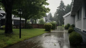 A wet sidewalk in front of a house during a rainy day. photo