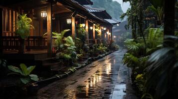 A wet stone pathway leads through a tropical village with traditional wooden houses and lush greenery lit by warm lanterns. photo