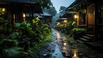 A wet stone pathway in front of traditional houses lined with lush greenery, illuminated by warm light. photo