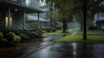 A wet street and houses in the rain. photo