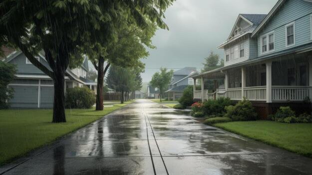 A wet street on a rainy day in a quiet suburban neighborhood with houses on each side of the street. photo
