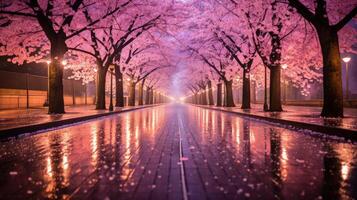 A wet street lined with cherry blossom trees reflects the warm glow of streetlights. photo