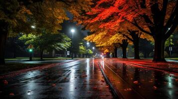 A wet street under autumn trees on a rainy night, illuminated by streetlights. photo