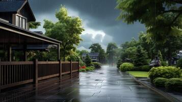 A wet, brick pathway leads through a lush green neighborhood on a rainy day. photo