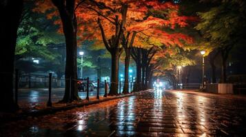 A wet, cobblestone street lined with autumn trees, illuminated by streetlights at night. photo