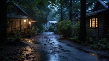 A wet, dark path winds through a forest, illuminated by the warm glow of a cabin's porch light. photo
