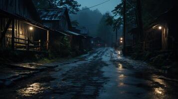 A wet, cobblestone road leads through a dark, forested village with old wooden buildings lit by dim lanterns. photo