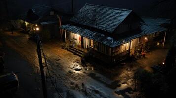 A wet, dark street in front of a house at night. photo