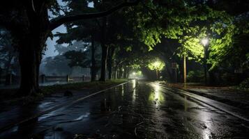 A wet, dark road stretches through a forest after a rainstorm, illuminated by streetlights. photo