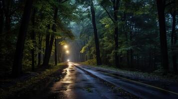 A wet, dark, and mysterious road through a dense forest, illuminated by streetlights. photo