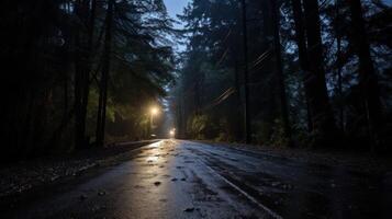 A wet, dark, and foggy forest road with a street lamp shining in the distance. photo