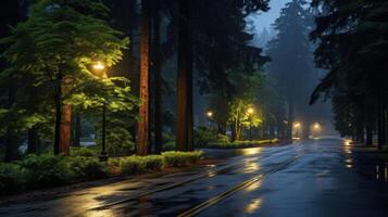 A wet, empty road winds through a misty forest with streetlights illuminating the way. photo