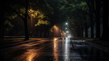 A wet, empty street at night with streetlights shining through the rain. photo