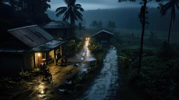 A wet, muddy path leads through a tropical jungle at night, lit by the soft glow of a porch light. photo
