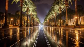 A wet, empty street lined with palm trees at night reflects the streetlights on the asphalt. photo