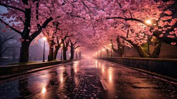A wet, empty street lined with cherry blossom trees at dusk with street lamps shining on the pink petals falling to the ground. photo