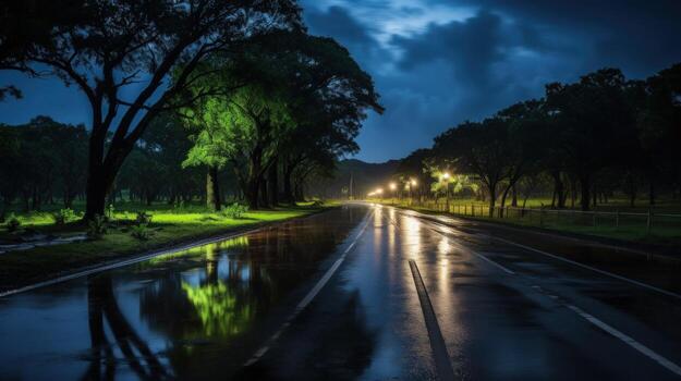 A wet, empty road lined with trees on a dark night, lit up by street lights. photo
